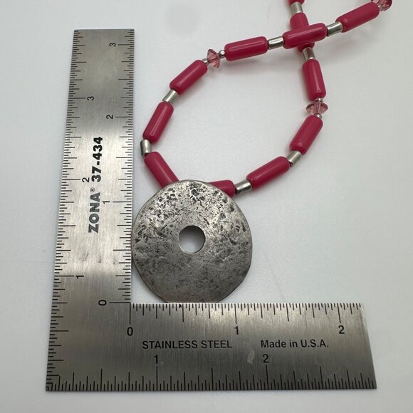 Chico's Necklace Jewlery Statement 33" Adjustable Pink Silver Tone Hammered Long - Picture 7 of 7